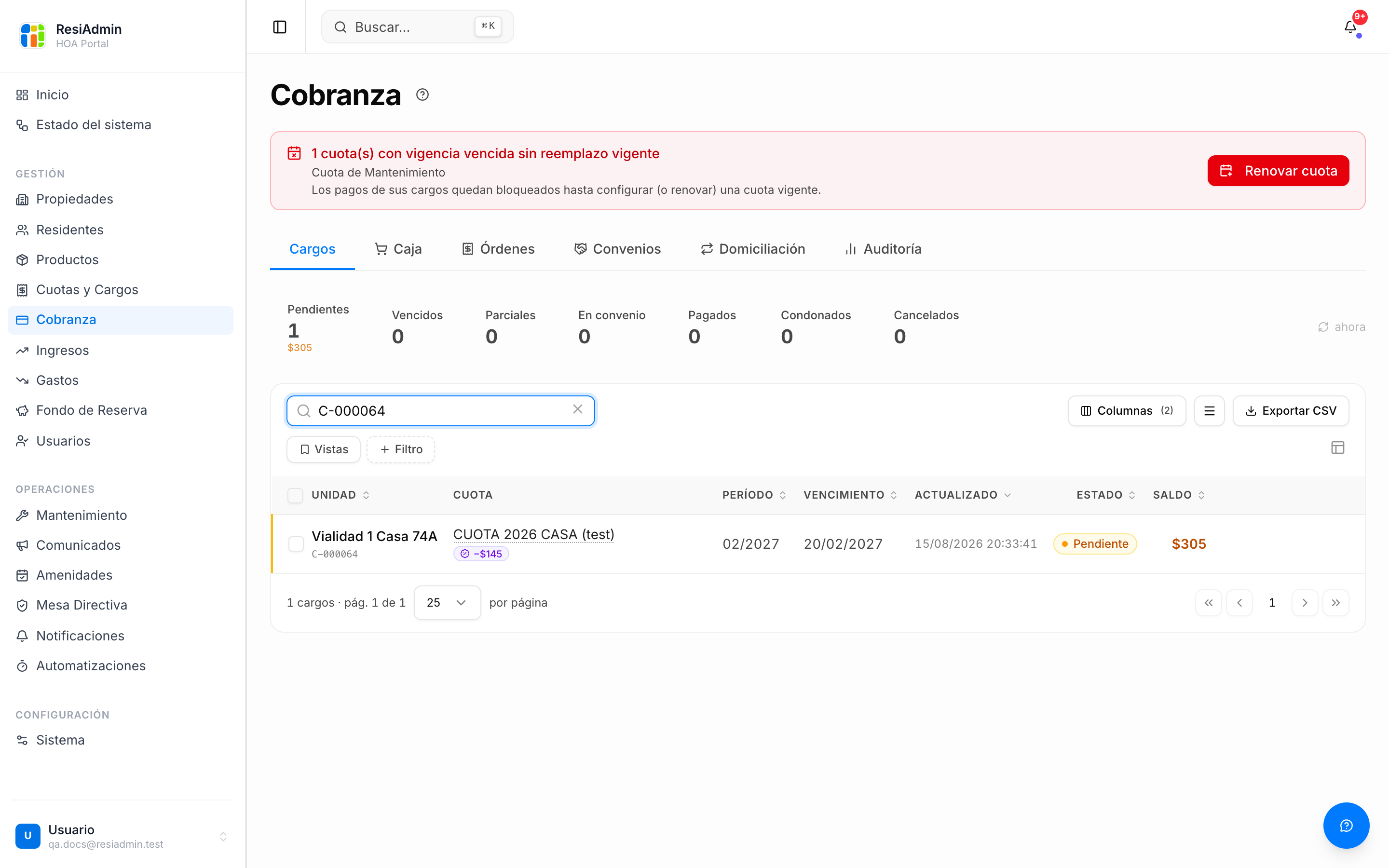 Pantalla real de cobranza en ResiAdmin: lista de cargos con estados, saldos y descuentos